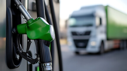 Fueling Up: Close-up of a green fuel nozzle at a service station, with a large transport truck blurred in the background. Reflecting on the road ahead.