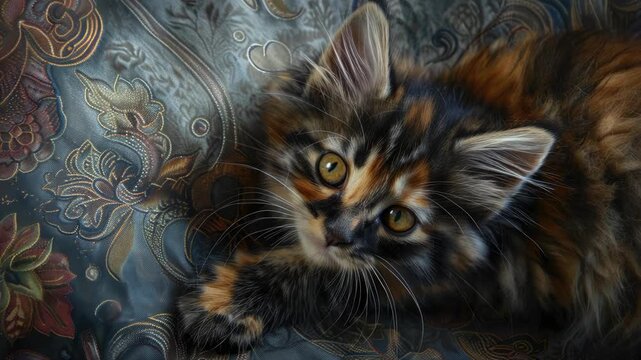 A charming tabby kitten gazing into the distance on a vibrant patterned fabric.