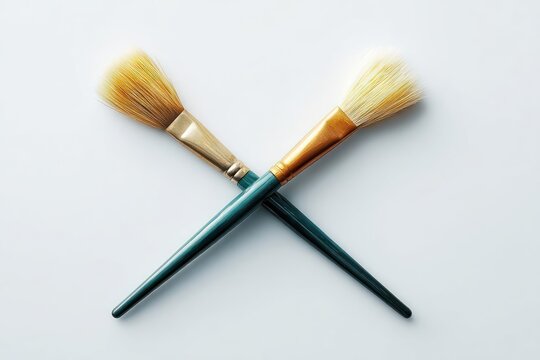 Two artist paint brushes crossed in an x shape on a clean white background symbolizing creativity and art creation