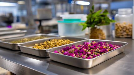 Clean industrial workspace — tea leaves and rose petals in orderly trays, stainless equipment faintly visible, white light reflections emphasizing hygiene, with copy space.