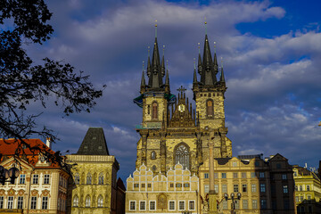 Beautiful view of the Church of Our Lady before Týn in Old town Square, - Prage
