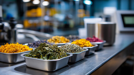 Tea blending concept &mdash; fresh botanical ingredients prepared in metal trays, blurred mechanical processing line in background, with copy space.