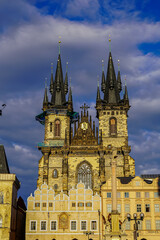 Beautiful view of the Church of Our Lady before Týn in Old town Square, - Prage
