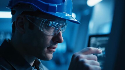 Male engineer operating industrial machine and supervising manufacturing process. Modern factory worker controls production line footage. - Powered by Adobe