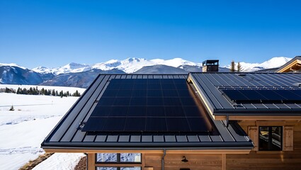 Solar panels on house roof in snow capped mountains landscape