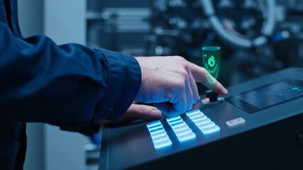 Man operates modern industrial machine control panel with futuristic holographic interface and secure access during production footage. - Powered by Adobe
