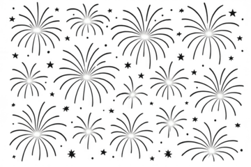 Fireworks bursts exploding with stars and sparkles, celebrating new year's eve on transparent background