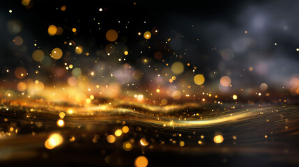Dreamy light background &mdash; delicate golden glitter particles floating in gradient darkness, glowing softly with magical ambience, with copy space.