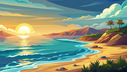 Obraz premium Very beautiful vast tranquil ocean stretching to a hazy horizon, sun-kissed waves gently lapping the shore beneath soft golden light, evoking peace and serene coastal beauty in nature.