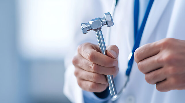 Doctor holding a medical reflex hammer. Healthcare professional ready to perform neurological exam for nerve testing. Medical concept. Check-up & diagnostics.