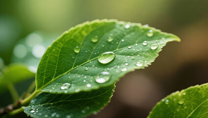 Fototapeta premium Macro photography of dew drops on a fresh green leaf with natural bokeh effect background.