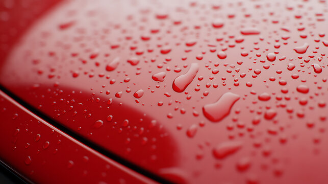 Raindrops on a sleek, red surface create a mesmerizing pattern of light and reflection. The water droplets glisten under the light, adding texture and depth.