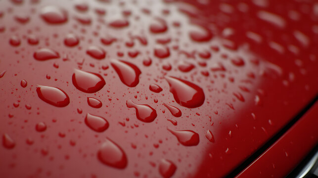 Raindrops cling to a glossy red surface, creating shimmering patterns of light and reflection, showcasing the beauty of water on a sleek, vibrant canvas.