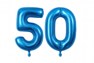 Blue number fifty foil balloon for celebrating 50th birthday, anniversary, or special event, isolated on transparent background
