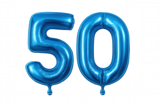 Blue number fifty foil balloon for celebrating 50th birthday, anniversary, or special event, isolated on transparent background