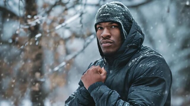 A man wearing a black jacket and hat is standing in the snow. He is wearing a black hoodie and has his hands folded in front of his chest