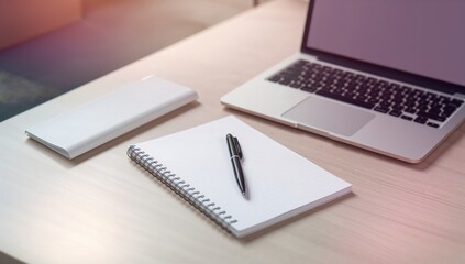Modern workspace featuring laptop, journal, and pen for creative brainstorming