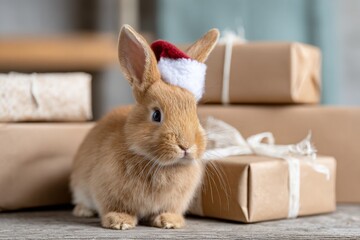 Cute brown furry rabbit wears festive red white Santa hat sitting still by wrapped Christmas presents.