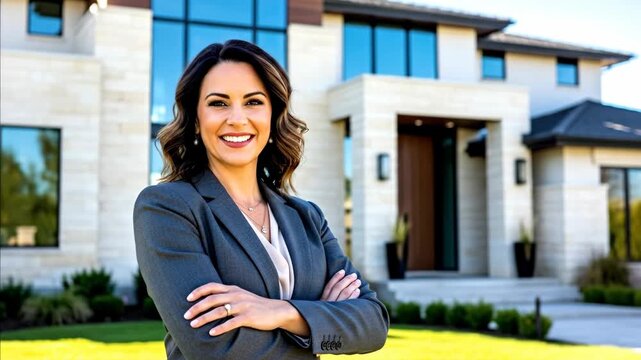 Professional businesswoman in suit smiling in front of a modern luxury house, real estate agent concept. Footage.