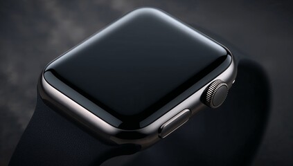 Sleek smartwatch with a modern design and black band on dark textured background