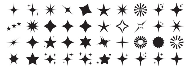  Sparkle star icon set. Sparkle, stars or shine icon set vector collection of different stars in black color. Shine icon. AI generated star icons collection. Artificial Intelligence sparkle symbol. 