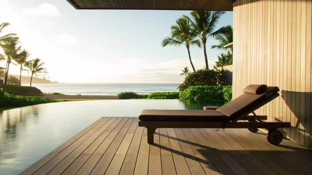 Luxury poolside lounger overlooks tranquil ocean and palm trees.