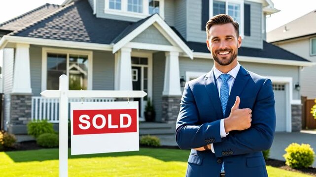 Real estate agent man giving thumbs up in front of a sold house sign. Residential property market success and home ownership footage.