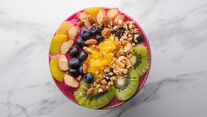 Vibrant fruit smoothie bowl bursting with fresh berries, kiwi, apples, and nuts