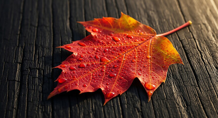 Obraz premium Autumn Maple Leaf with Water Droplets on Dark Wood