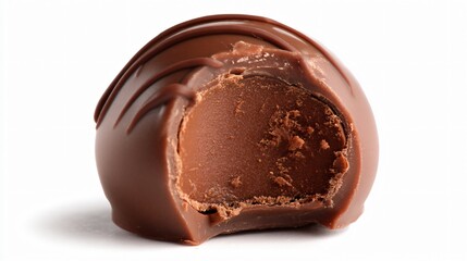 Delicious chocolate truffle with a bite isolated on white background