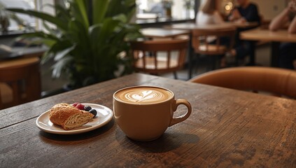 Start your day right with a delicious latte and pastry in a cozy cafe setting.