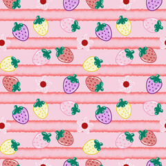 Seamless pattern of cute and colorful strawberries and flowers on a striped background. Pattern for fabric, textile, mug, phone case, wallpaper, and packaging.