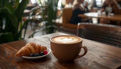 Enjoy a warm latte with fresh croissant and berries in a cozy cafe setting.