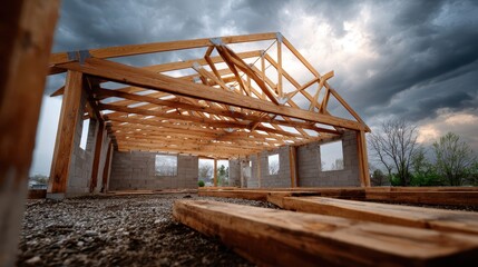 Obraz premium Wooden house under construction with exposed roof trusses and stormy sky