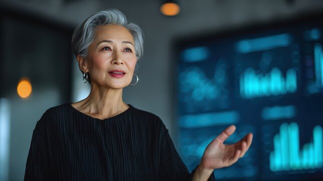 Senior Asian woman speaking during business data presentation