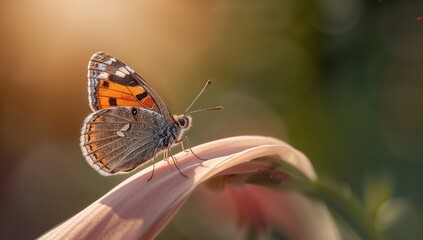 Delicate butterfly rests on soft petal bathed in warm golden hour sunlight