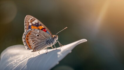 Intricate butterfly with vibrant wings rests on a dew-kissed leaf in golden light