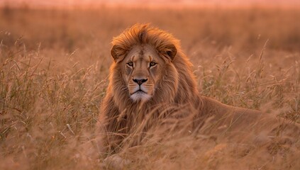 Majestic lion rests in golden savanna grass at sunset, exuding power and wild beauty.