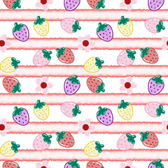 Seamless pattern of cute and colorful strawberries and flowers on a striped background. Pattern for fabric, textile, mug, phone case, wallpaper, and packaging.