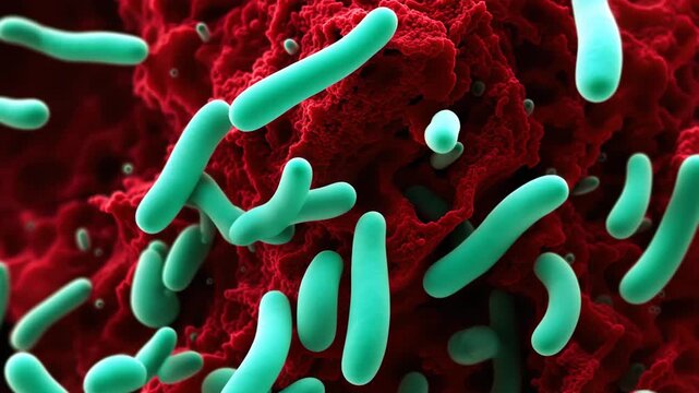 Vibrio vulnificus bacteria under electron microscope on dark red background