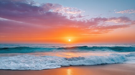 A vibrant sunset over a calm ocean, with gentle waves lapping at the sandy shore, Ideal for travel blogs, relaxation themes, or promoting beach destinations,