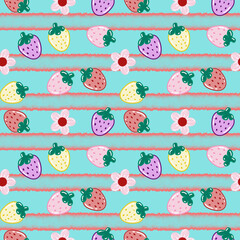 Seamless pattern of cute and colorful strawberries and flowers on a striped background. Pattern for fabric, textile, mug, phone case, wallpaper, and packaging.