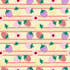 Seamless pattern of cute and colorful strawberries and flowers on a striped background. Pattern for fabric, textile, mug, phone case, wallpaper, and packaging.