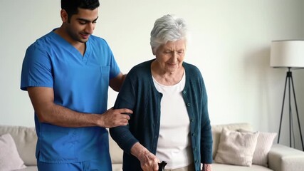 A kind young middle eastern man in scrubs gently guides an elderly caucasian woman with a cane in a modern living room with soft light. Concept of compassionate home care
