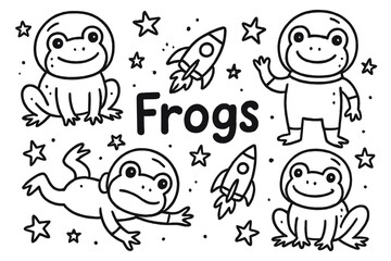 Obraz premium Doodle Astronaut Frogs. Doodle astronaut frogs with helmets, stars, and rockets, center word “Frogs” in black and white isolated