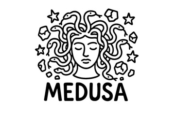 Medusa's Doodle Artistry. Doodle medusa with snakes, stars, and broken stones, center word “Medusa” in black and white isolated