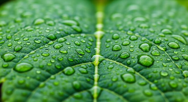 Dew Drops on a Vibrant Green Leaf: A Macro Shot