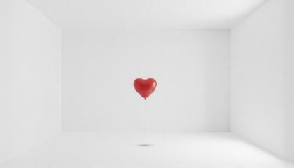 Single red heart balloon in empty white cube room, minimalist contemporary concept. Isolated love symbol, romantic art, valentine, purity, loneliness, creative airy composition, design accent.