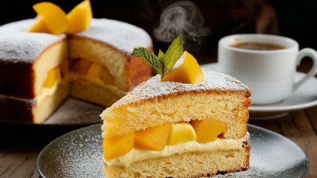 Delicious mango cake slice with coffee cup on wooden table background