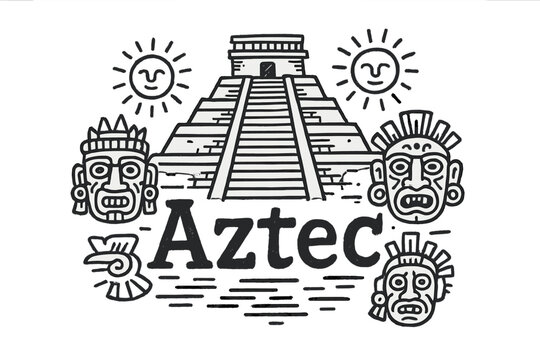 Aztec Temple Design. Hand-drawn aztec temple with pyramids, suns, and masks, center word &ldquo;Aztec&rdquo; in black and white isolated